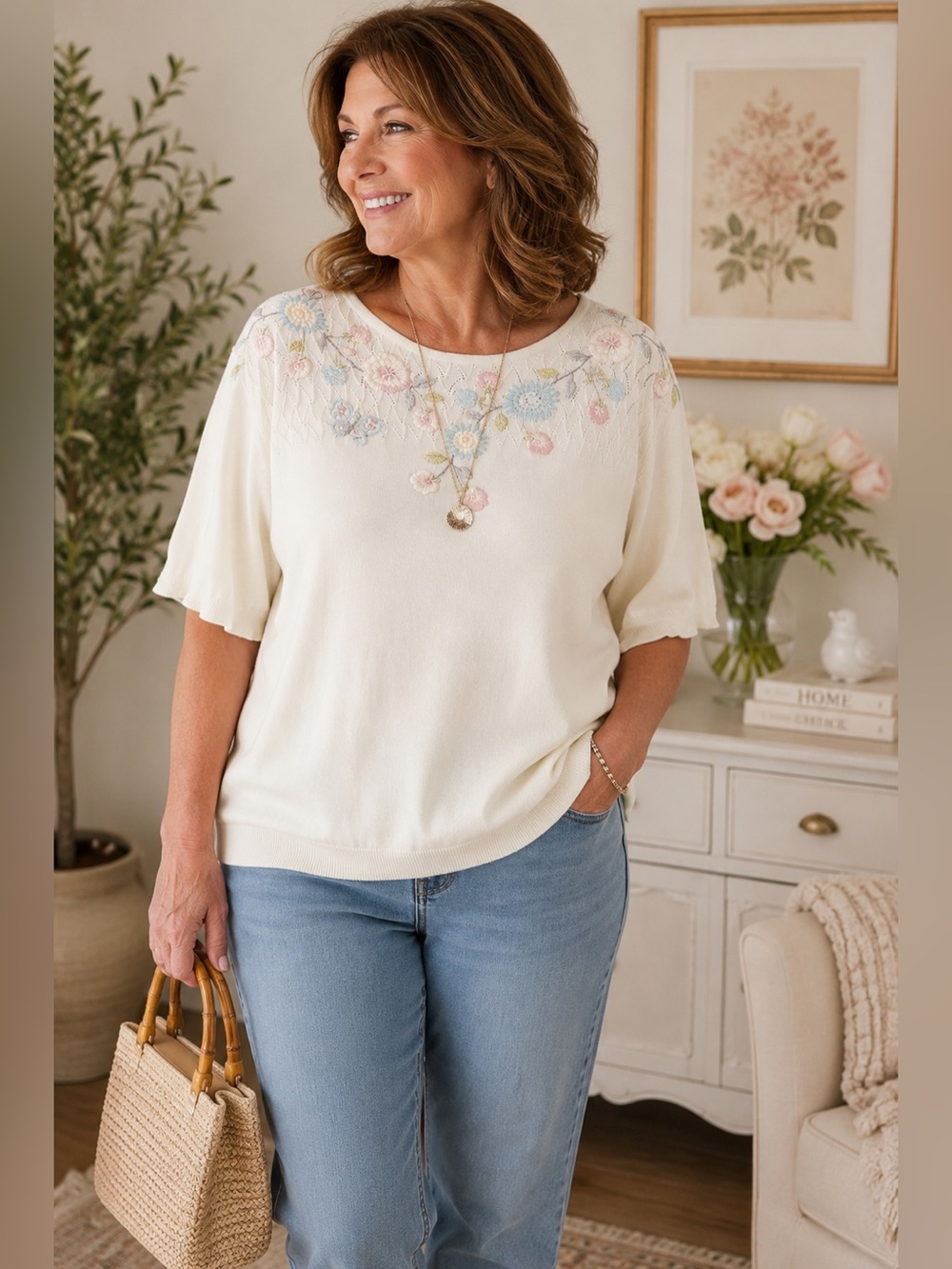 Alfred Dunner Floral Embroidered Sweater Blouse 1X Cottagecore